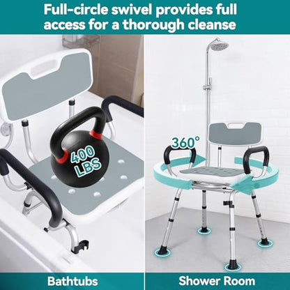 Shower Chair for Inside Shower, 400 lb Capacity, Adjustable Height | Heavy Duty Shower Chair for Elderly and Disabled, Non-Slip Shower Stool with Removable Arms and Back, Lightweight Bath Seat - color: Light Gray