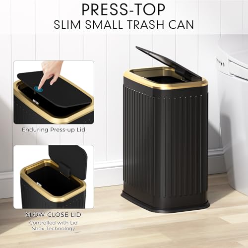 Bathroom Trash Can with Lid 8L/2.1 Gallon Black Trash Can Small Garbage Can with Press Top Lid Slim Stainless Steel Garbage Can with 100 Counts Trash Bags for Bathroom Bedroom Kitchen Office Toilet - color: Black Stripe, size: Press-Top Trash Can