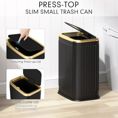 Bathroom Trash Can with Lid 8L/2.1 Gallon Black Trash Can Small Garbage Can with Press Top Lid Slim Stainless Steel Garbage Can with 100 Counts Trash Bags for Bathroom Bedroom Kitchen Office Toilet - color: Black Stripe, size: Press-Top Trash Can
