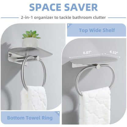 Suyar Bathroom Towel Ring with Shelf, Oval Hand Towel Holder Brushed Nickel | SUS304 Stainless Steel, 2-in-1 Space-Saving Design, Versatile Top Shelf for Small Plants Toiletries Soap Phones, Wall Mounted - color: Brushed Nickel