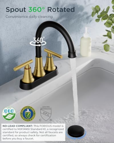 FORIOUS Black and Gold Bathroom Faucets, 4" Gold and Black Bathroom Faucet | 8 Inch Widespread Bathroom Faucet 3 hole Vanity and 4 Inch Bathroom Faucet Centerset 2 Hole for B2B Commercial, Spare Aerator - color: Black&Gold, style: Classic