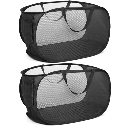 Durable Collapsible Laundry Baskets, Mesh Pop Up Laundry Hamper with Side Pocket, Foldable Clothes Hamper with Reinforced Carry Handles for Laundry, Bathroom, Kids Room, Dorm or Travel 2 Pack Black - color: 2 x Black