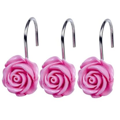 Twofish Home Pink Rose Flower Shower Curtain Hooks Anti Rust Shower Curtain Hooks Decorative Resin Pink Rose Flower Shower Curtain Rings Set of 12 - color: Pink Rose