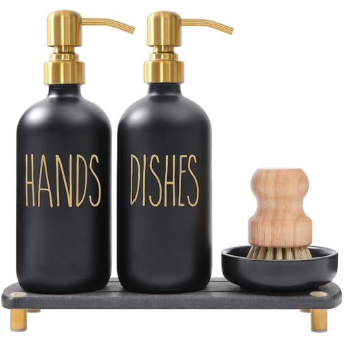 MOMEEMO Soap Dispenser Set Comes with Stainless Pumps, Black & Gold | Instant Dry Tray and Dish Scrub Brush, Suitable for Black and Gold Kitchen Decor - color: Gold2