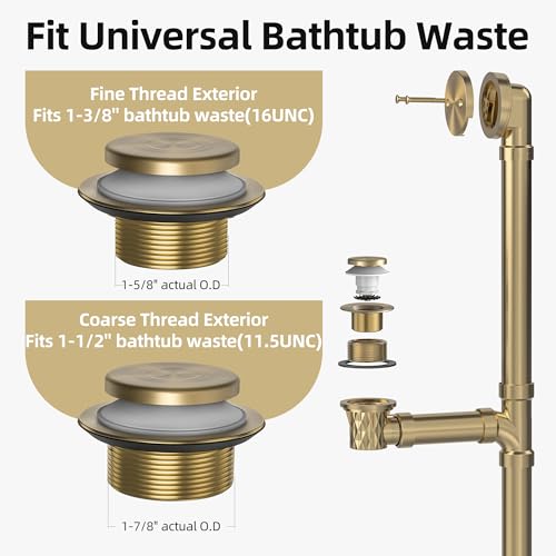 Tip-Toe Bathtub Drain Kit with Hair Catcher, Brushed Gold | 2-Hole Overflow Faceplate, Solid Brass, 5-Layer Plated, Fits 1.5"/1.75" Drains, For Bathroom Remodel, Matches Fixtures - color: Brushed Gold