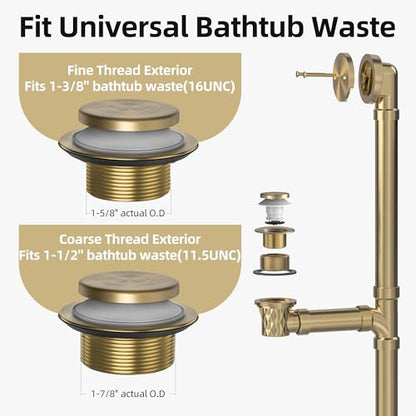 Tip-Toe Bathtub Drain Kit with Hair Catcher, Brushed Gold | 2-Hole Overflow Faceplate, Solid Brass, 5-Layer Plated, Fits 1.5"/1.75" Drains, For Bathroom Remodel, Matches Fixtures - color: Brushed Gold