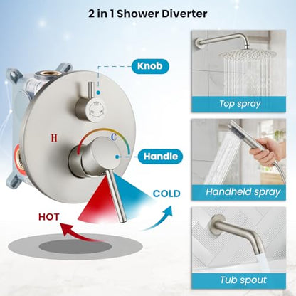 gotonovo Tub Shower Faucet Set with Valve,Brushed Nickel,Straight Handheld | 10” Rain Shower Head with Handheld Trim Kit,Luxury Shower System with Tub Spout,All Metal,Bathroom Wall Mounted 3 Function - color: Nickel