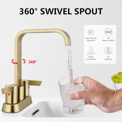 Brushed Gold Waterfall Bathroom Faucet 4 Inch Centerset,2-Handle | Stainless Steel 3-Hole Deck-Mount Design Includes Supply Lines and Pop-Up Drain for a Complete Vanity Installation - color: Brushed Gold