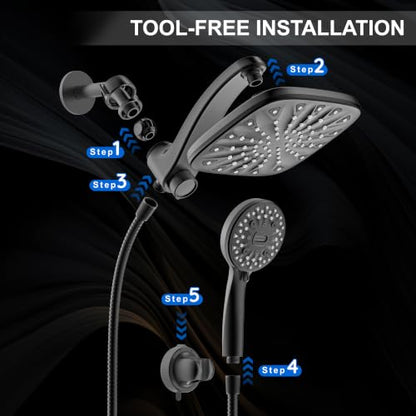Dual Rainfall Shower Head With Handheld Showerhead, High Pressure Shower Head With Handheld Spray Combo, 8-Mode Showerhead with Adjustable Extension Arm, 71" Hose & Suction Cup Holder, Matte Black - color: Matte Black