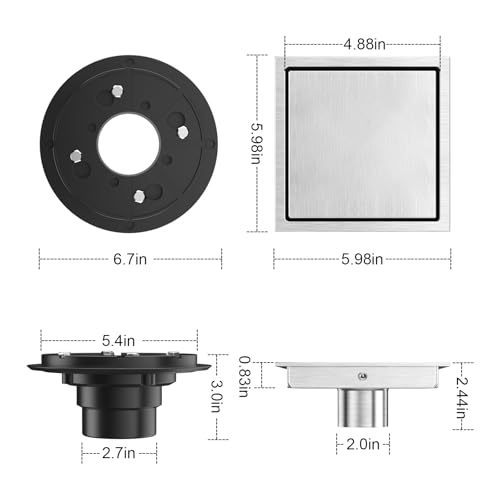 6 Inch Shower Drain Brushed with Tile Insert Grate, Floor Drain Brushed 304 Stainless Steel, Including Hair Strainer - color: Brushed, size: 6 IN