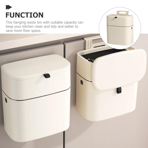 KOMBIUDA 12l Hanging Trash Can with Lid, Wall-Mounted Sealed Garbage Bin for Kitchen and Bathroom, No-Drill Installation, Plastic Waste Container in Light Beige for Home Organization