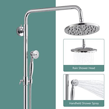 Heyalan Dual Shower System, 8 Inch Rain Head, Handheld, Polished Chrome | Dual shower system with 8 inch rain head, handheld sprayer, exposed pipe design, two-handle control, and brass body. - color: Polished Chrome