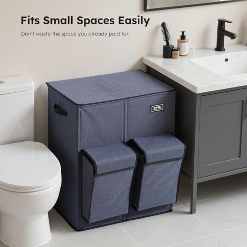 SOLEDI 180L Double Laundry Hamper with Lid and 2 Side Pockets, Dual Hamper | 2 Section Laundry Basket, Removable & Washable Laundry Bags, 180L Large Capacity, for Bedroom, Bathroom, Laundry Room, Dorm - color: Navy Blue