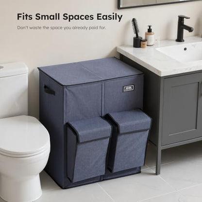 SOLEDI 180L Double Laundry Hamper with Lid and 2 Side Pockets, Dual Hamper | 2 Section Laundry Basket, Removable & Washable Laundry Bags, 180L Large Capacity, for Bedroom, Bathroom, Laundry Room, Dorm - color: Navy Blue
