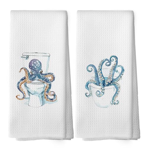 Funny Octopus Kitchen Dish Towels Set of 2, Nautical Ocean Sea Gifts for Boys Kids, Summer Vacation Hand Towels Kitchen Bathroom Nursery Tea Towels Decorations, 16x24inch - color: Bathroom03