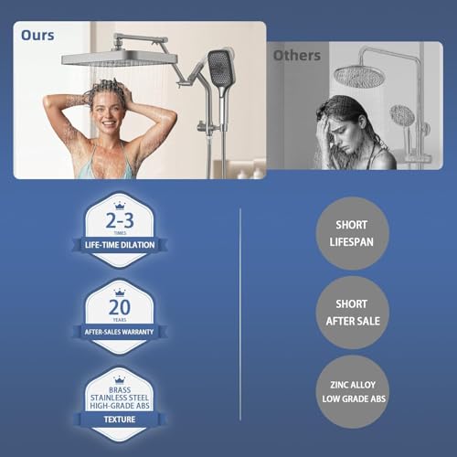 14" High Pressure Rain/Rainfall Shower Heads With Handheld Spray Combo (3+1 Settings & Built-in Power Wash Mode), Double/Dual Shower Head With Handheld - Height/Angle Adjustable(Brushed Nickel) - color: Brushed Nickel, size: 14 Inch