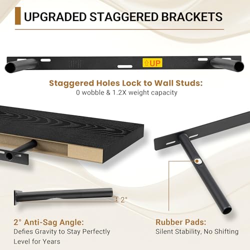 Vivelove 24 Inches Black Floating Shelves, 12 Inch Deep, Set of 2 | Invisible Brackets, Easy Mount Shelf with Hardware Kit, for Bathroom Bedroom Living Room Kitchen, Engineered Wood - color: Black, size: 23.6”wx12”dx1.5”h