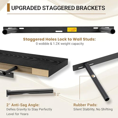 Vivelove 24 Inches Black Floating Shelves, 12 Inch Deep, Set of 2 | Invisible Brackets, Easy Mount Shelf with Hardware Kit, for Bathroom Bedroom Living Room Kitchen, Engineered Wood - color: Black, size: 23.6”wx12”dx1.5”h