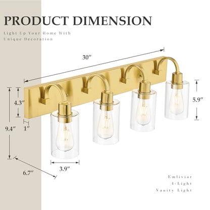 Emliviar 30 Inch Gold Vanity Light, 4-Light Bathroom Light Fixtures with Clear Glass Shade, Brushed Gold Finish, YCE237B-4W BG - color: Brushed Gold - Clear Glass, size: 4-Light