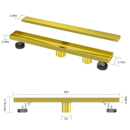 EXF Linear Shower Drain 30 Inch Brushed Gold with Tile Insert Cover | 304 Stainless Steel, V-Slope Design, Debris Strainer, Seamless, Adjustable Height - color: Brushed Gold, size: 30 IN