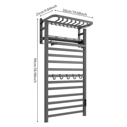 Electric Towel Warmer Rack, 12-Bar Wall Mounted Heated Towel Rack with Smart Touch Screen & Timer, IPX4 Waterproof Aluminum for Bathroom, Plug-in/Hardwired, Grey