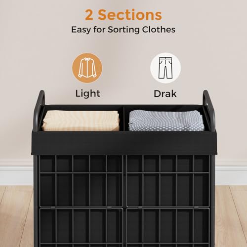 100L 2-Section Laundry Hamper with Wheels, Laundry Basket with Liner Bag | Lockable Casters; Divided Removable Liner; Reinforced Steel Frame; Metal Handle - color: Black, size: 100L-2 Sections