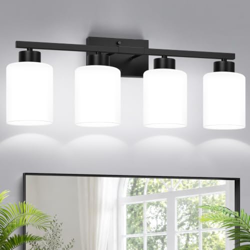 4-Light Bathroom Vanity Light Fixture, Matte Black Finish with Frosted Glass Shades, Modern Bathroom Light Fixtures for Mirror, Living Room, or Bedroom, E26 Socket - color: Matte Black & Milk Glass, size: 4-light