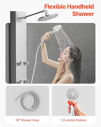 VEVOR Shower Panel Tower System with Rainfall Shower Head, 49 in Brushed Stainless Steel Shower Column, 3-Function Faucet, High Pressure Wall-Mount Rain Massage System with 6 Body Jets and Handheld