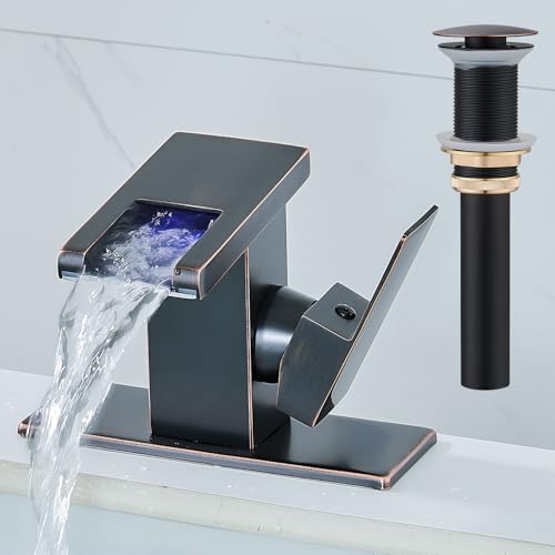 AVSIILE LED Bathroom Sink Faucet, Oil Rubbed Bronze Waterfall Single Hole Handle Vanity Faucets for Sinks 1 Hole with Metal Pop Up Drain and 2 Water Supply Lines, Side Handle - color: Oil Rubbed Bronze