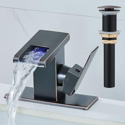 AVSIILE LED Bathroom Sink Faucet, Oil Rubbed Bronze Waterfall Single Hole Handle Vanity Faucets for Sinks 1 Hole with Metal Pop Up Drain and 2 Water Supply Lines, Side Handle - color: Oil Rubbed Bronze