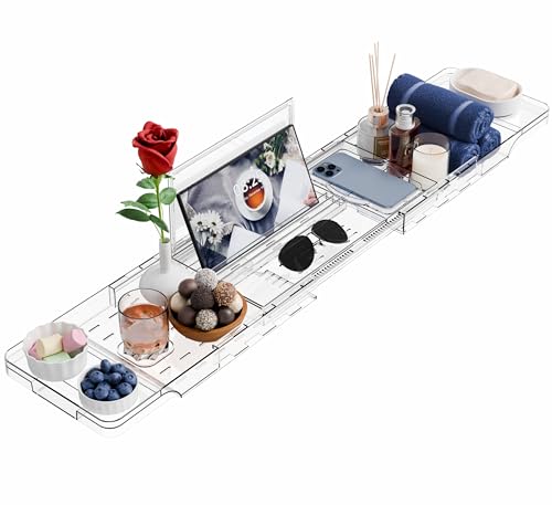 Luxury Clear Bathtub Shelf Across Tub,Expandable Plastic Bathtub Tray Over The Tub Bath Caddy,Free Standing Bath Table Board & Accessories for Women Relaxing with Reading Book and Ipad Holder