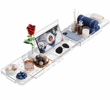 Luxury Clear Bathtub Shelf Across Tub,Expandable Plastic Bathtub Tray Over The Tub Bath Caddy,Free Standing Bath Table Board & Accessories for Women Relaxing with Reading Book and Ipad Holder