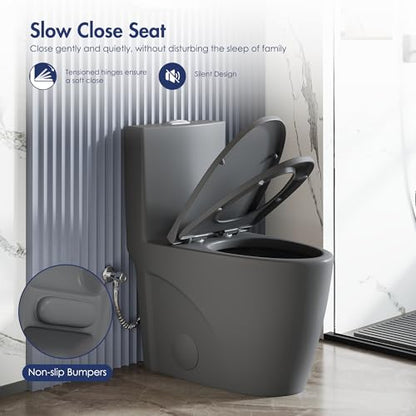 Elongated One Piece Toilet, ADA Dual Flush 1.1/1.6 GPF, Dark Gray | ADA 17" chair height, Powerful siphon dual flush, 12" rough-in, Bathroom toilet bowl, comfort soft closing seat, Gray toilets - color: Dark Gray