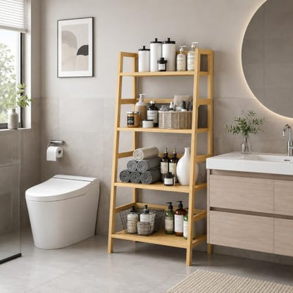 Bamboo Ladder Shelf, 4-Tier Wooden Ladder Bookshelf & Bookcase Organizer | 50” Freestanding Open Display Storage Shelves, Wood Plant Stand Rack for Small Space, Bathroom, Living Room, Bedroom - color: Natural