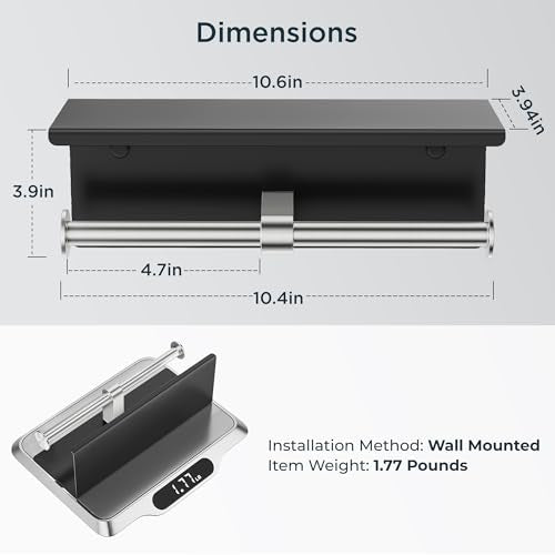 FORIOUS Toilet Paper Holder with Shelf, Commercial Toilet Paper Dispensers | Black & Brushed Nickel | Wall Mount Bathroom Tissue Holder | SUS304 Stainless Steel Rustproof | Double Tissue Roll Holder - color: Matte Black & Stainless Steel