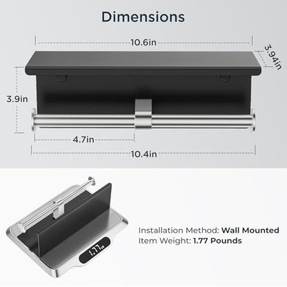 FORIOUS Toilet Paper Holder with Shelf, Commercial Toilet Paper Dispensers | Black & Brushed Nickel | Wall Mount Bathroom Tissue Holder | SUS304 Stainless Steel Rustproof | Double Tissue Roll Holder - color: Matte Black & Stainless Steel