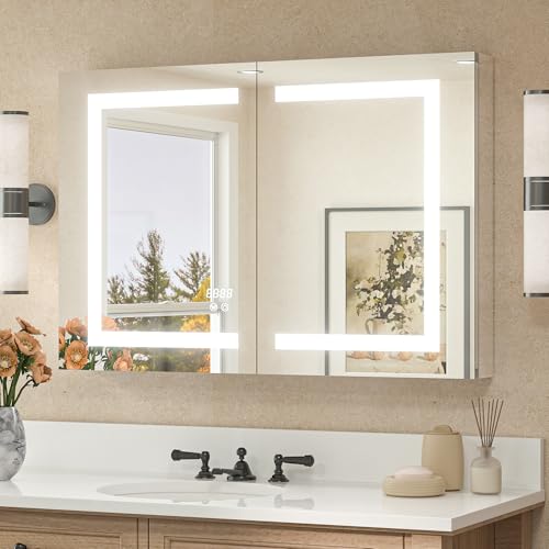 TETOTE LED Lighted Bathroom Medicine Cabinet Mirror with Lights 36 x 24 Recessed or Wall Mounted Cabinet with 2 Door, Tempered Glass, Outlets & USB, 3-Color Stepless Dimming, Defog, Adjustable Shelf - size: 36x24