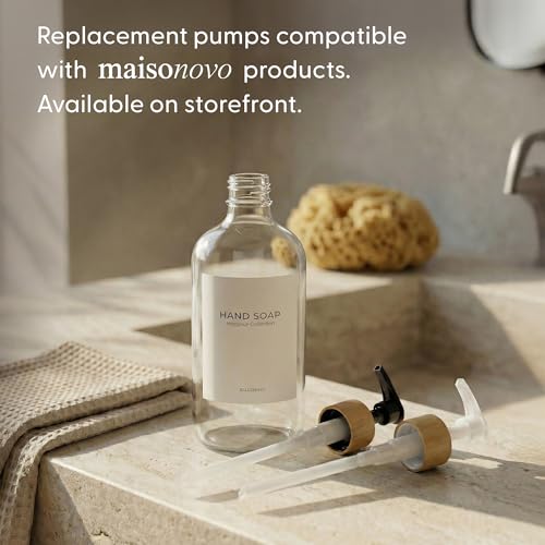 Maisonovo Dish Soap Dispenser Set - Clear Soap Dispenser White Bamboo Pumps | Glass bottles for body wash, lotion, shampoo or conditioner · Sink, bathroom or countertop · Tray, 16.9 oz each - color: Clear Bottles White Bamboo Pumps