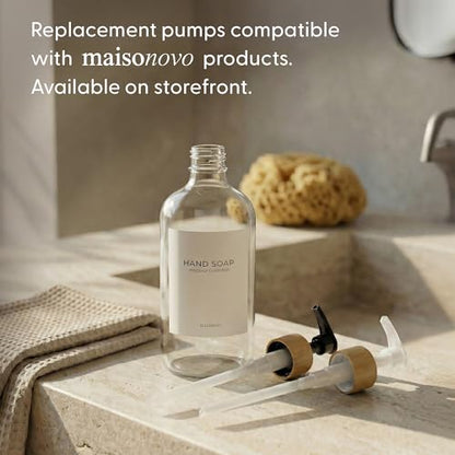 Maisonovo Dish Soap Dispenser Set - Clear Soap Dispenser White Bamboo Pumps | Glass bottles for body wash, lotion, shampoo or conditioner · Sink, bathroom or countertop · Tray, 16.9 oz each - color: Clear Bottles White Bamboo Pumps
