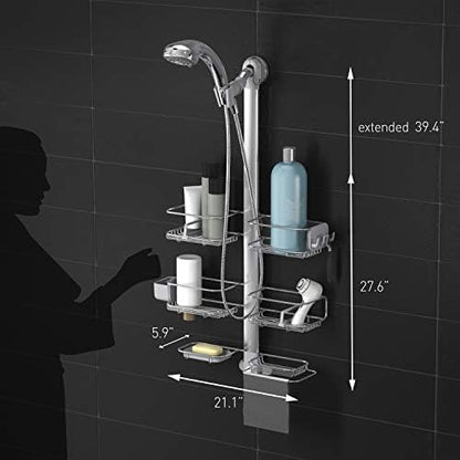 simplehuman X-Large Adjustable Hanging Shower Caddy, Handheld Showerhead Compatible, Family-Size Bathroom Organizer with 12-Inch Extended Neck, Adjustable Shelves, Rust-Proof Stainless Steel - style: Extra-Large