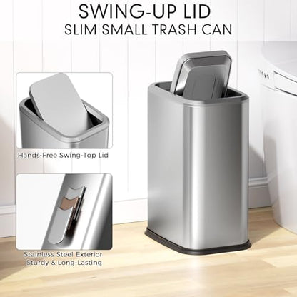 Bathroom Trash Can with Lid 8L/2.1 Gallon Silver Trash Can Small Garbage Can with Swing Top Lid Slim Stainless Steel Garbage Can with 100 Counts Trash Bags for Bathroom Bedroom Kitchen Office Toilet - color: Silver, size: Swing-Lid Trash Can