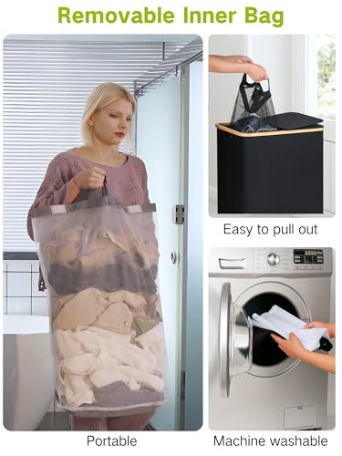efluky Double Laundry Hamper with Wheels, Divided Laundry Hamper with Removable Bags, 2 Section Dirty Clothes Basket with Handles for Bathroom, Bedroom & Laundry Room, 160L Dark Black - color: Black, size: 160L