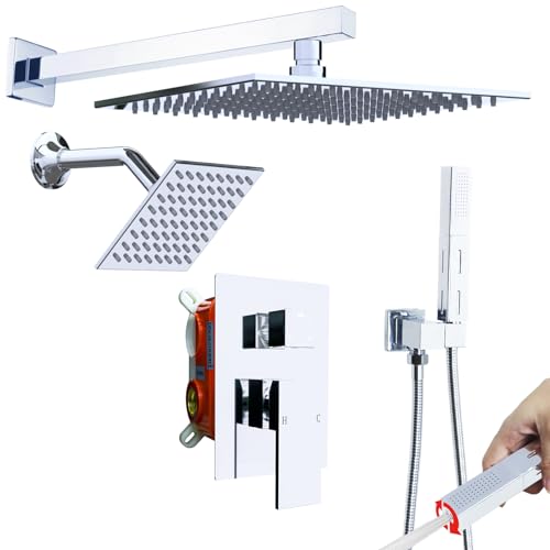 Enga Shower Faucet Set Shower System, Dual Shower Heads 10'' Rainfall with 6'' Wall Shower Head, 2 in 1 Handheld Spray with Valve Kit, Chrome - color: Chrome, style: Wall-10"+6" Head