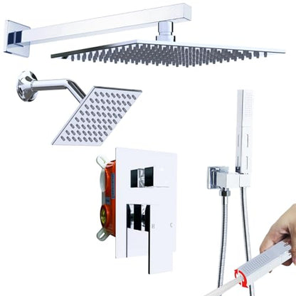 Enga Shower Faucet Set Shower System, Dual Shower Heads 10'' Rainfall with 6'' Wall Shower Head, 2 in 1 Handheld Spray with Valve Kit, Chrome - color: Chrome, style: Wall-10"+6" Head
