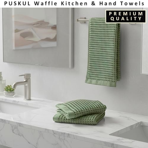 PÜSKÜL Natural 100% Turkish Cotton Waffle Hand and Kitchen Towels Set of 3 | Sage Green, Large 32x16 inc, Honeycomb-Waffle weave towel for bathroom & kitchen. Premium quality oeko-tex made in Turkey. - color: Sage Green, size: Kitchen & Hand Towels Pack o