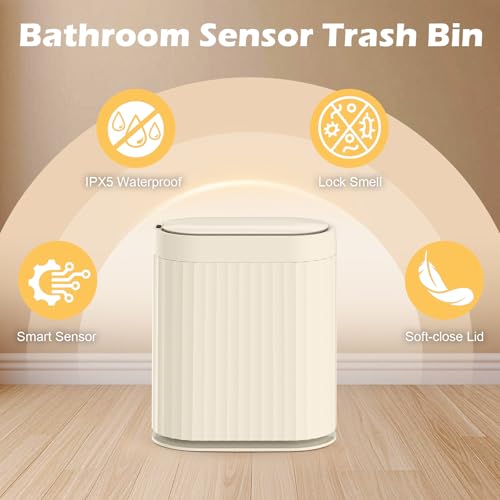 ELPHECO 2 Gallon Sensor Trash Can, Automatic Lid, Beige | IPX5 Waterproof Bathroom Trash Bin, Slim Garbage Can, Plastic Wastebasket for Office, Bedroom and Living Room - color: Beige