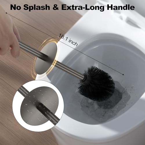 Pewter Toilet Brush and Holder Set，Stainless Steel Heavy Duty Toilet Bowl Brush，Extra Long Handled Modern Toilet Cleaner Brush with Replaceable Head, Removable Inner Bowl, and Splash Protection - color: Pewter, size: 1 Pack