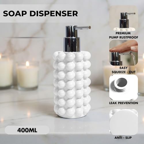 Better Trends 2-Piece Bathroom Accessory Set 400mL Refillable Soap Dispenser with Rustproof Pump 2-Slot Toothbrush for Vanity, Sink & Countertop Organization White Nova Collection - color: White
