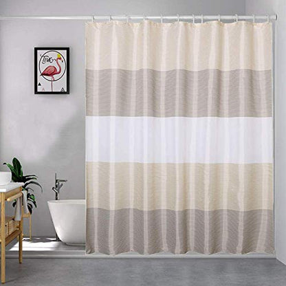 Extra Wide Fabric Shower Curtain Tan Gold for Bathroom, Wrap Around White Neutral Stripe with 18 Hooks, 108" W×72" H Inch - color: Beigetan, size: 108"W x 72"L (Pack of 1)