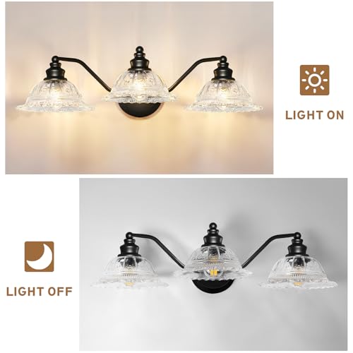 Redluck 3-Light Modern Bathroom Light Fixtures, Black Vanity Lights | Flower Glass Shade, Easy to Install, Rustproof Finish Wall Sconces Lighting for Bathroom Mirror, Living Room, Metal - color: Black